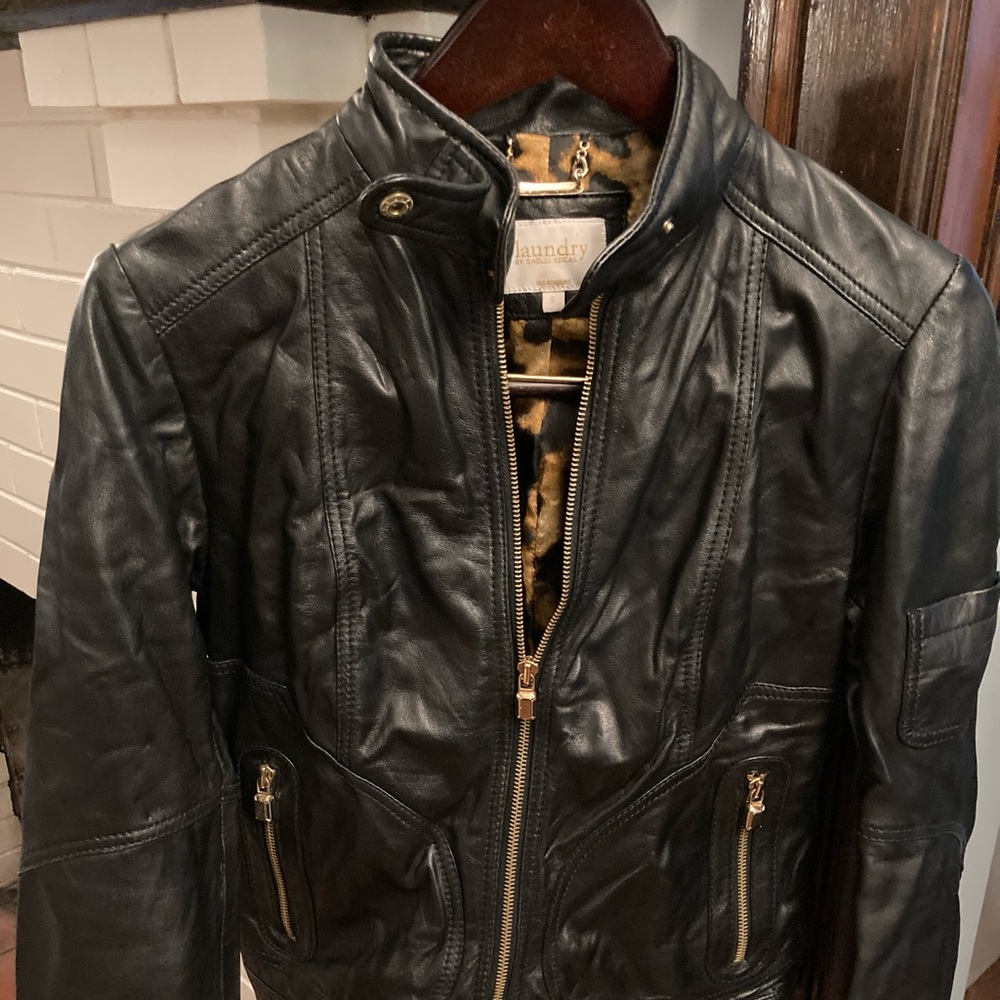 Moto-inspired Laundry black leather jacket, size S